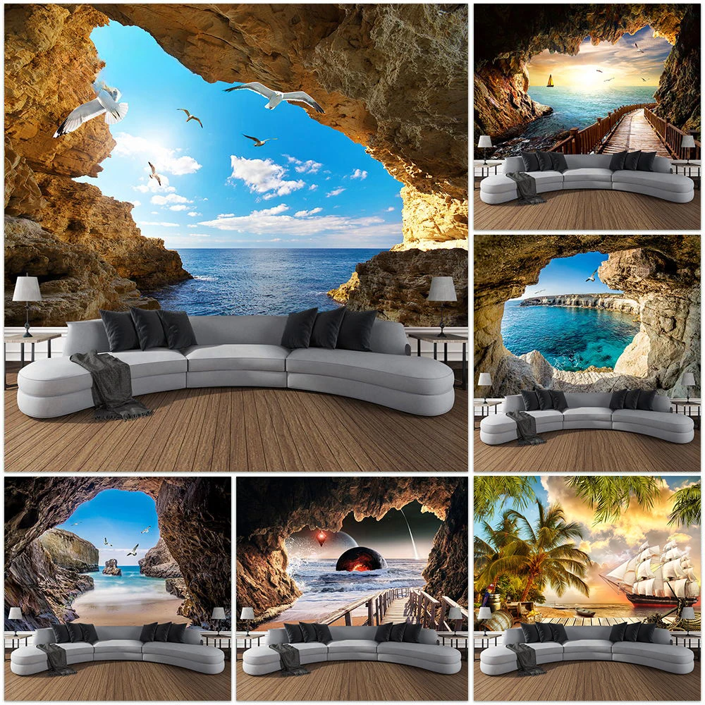 Home Gym Decor - Mountain Cave Landscape Tapestry Ocean Birds
